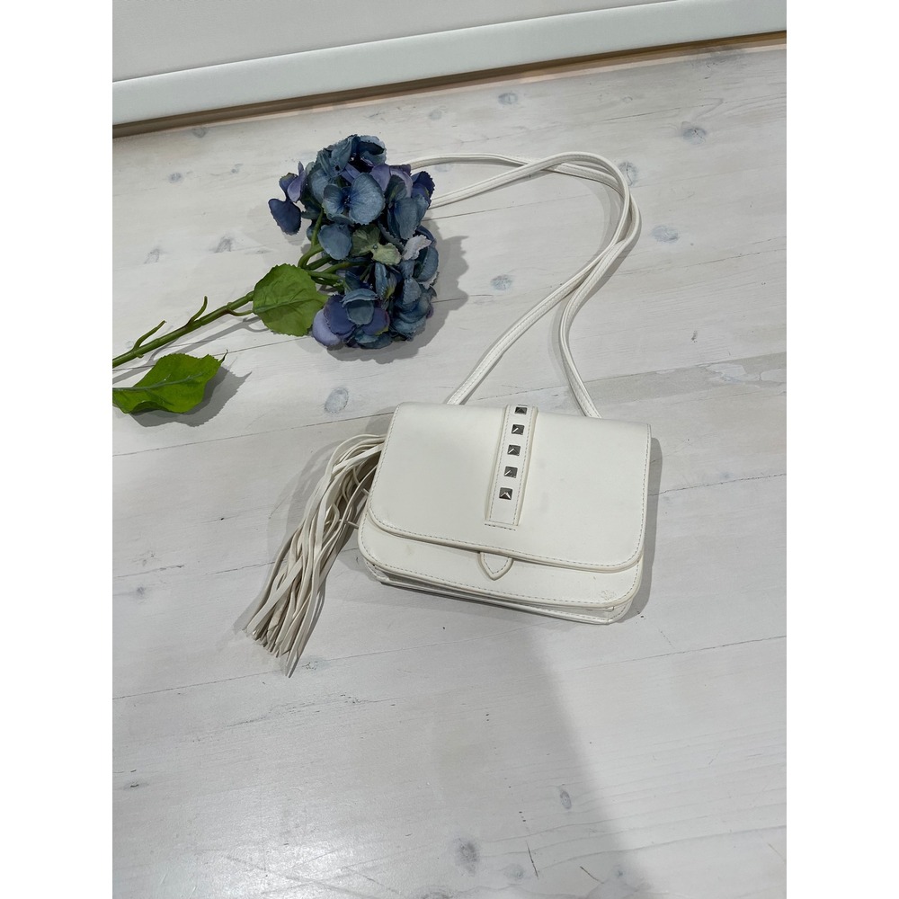 White Faux‎ Leather Crossbody Bag Studded Flap Fringe Small Purse